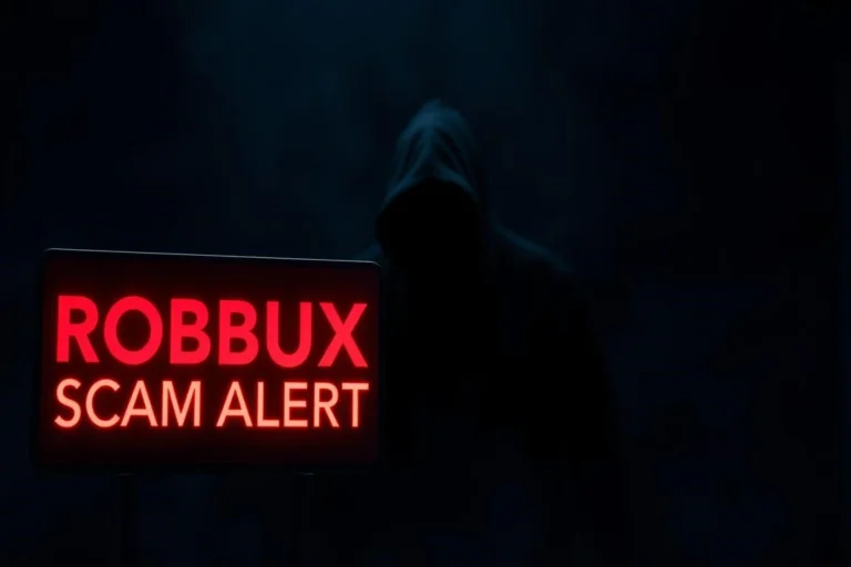 Warning sign about fake free Robux scams with a lock icon, cautioning players against phishing sites and scams.