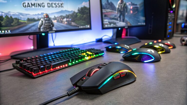 Assorted budget gaming mice under $50 with RGB lighting on a modern gaming desk setup.