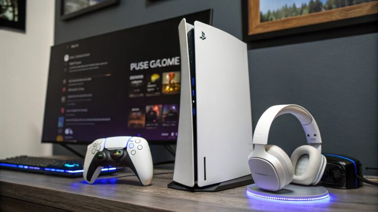 PlayStation 5 console with accessories including DualSense controller, headset, and charging dock on a modern gaming desk setup