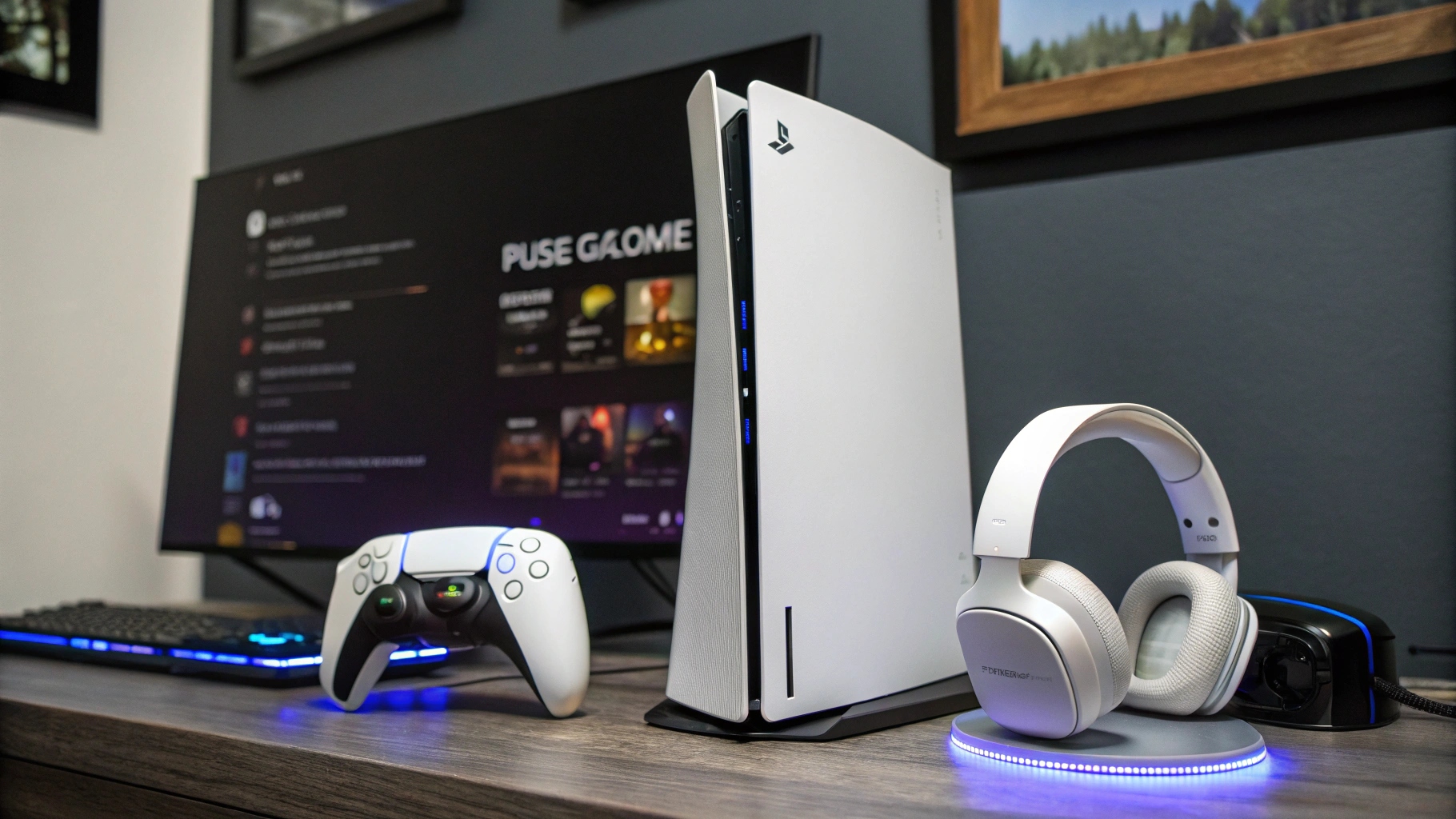PlayStation 5 console with accessories including DualSense controller, headset, and charging dock on a modern gaming desk setup